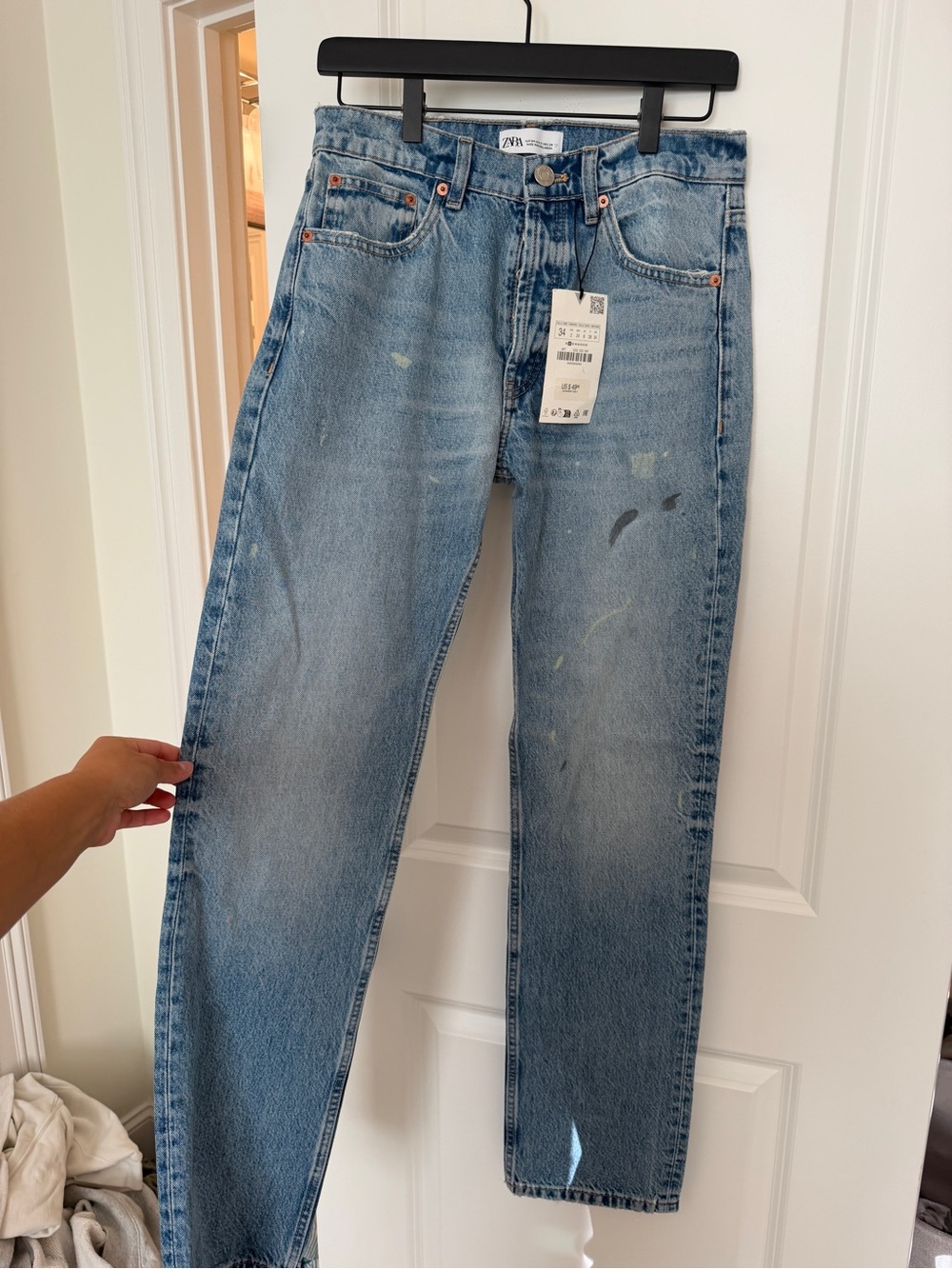 Zara Light Blue Straight Leg Jeans with Subtle Paint Accents